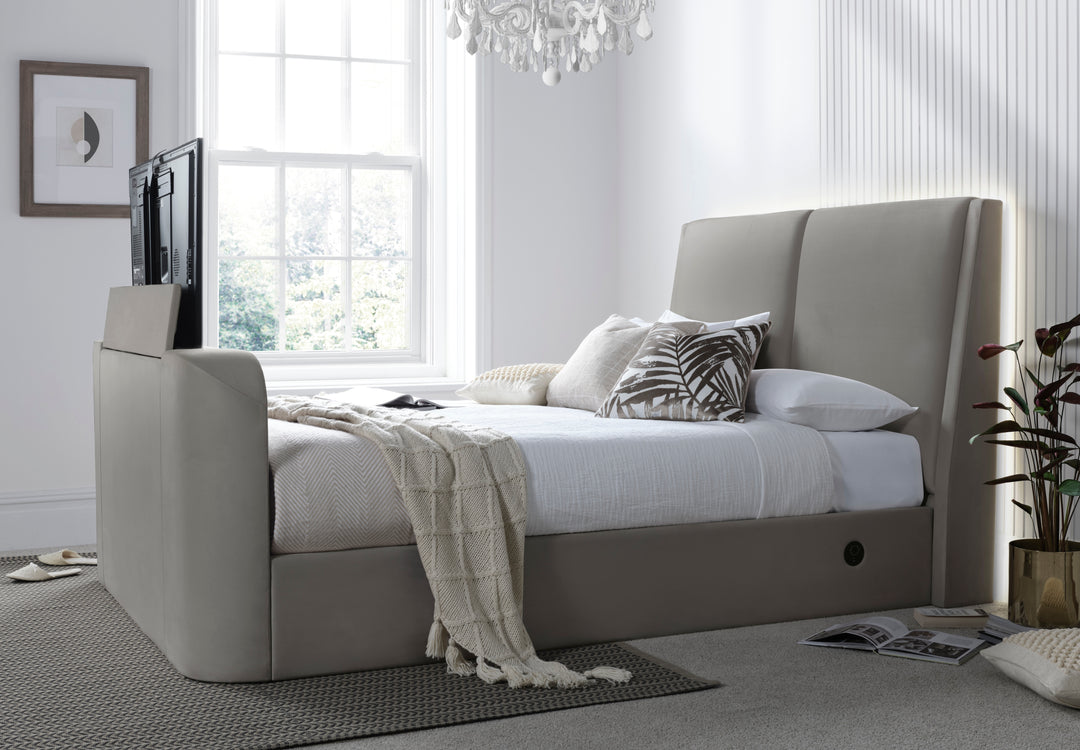 Vega Ottoman TV Bed in Luxury Grey Faux Suede with USB