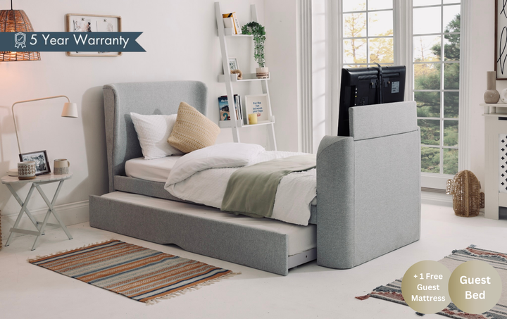 Buddy Trundle TV Bed In Pebble Grey with Free Guest Mattress