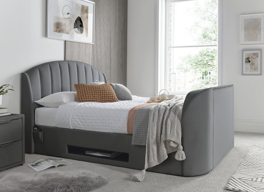 Pearl Super King Ottoman TV Bed in Grey Velvet - £150.00 OFF!