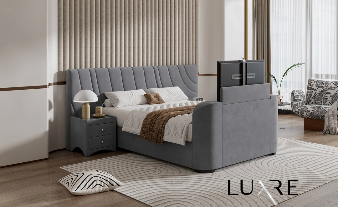 Valencia Grey Velvet Ottoman TV Bed with 2 Side Units