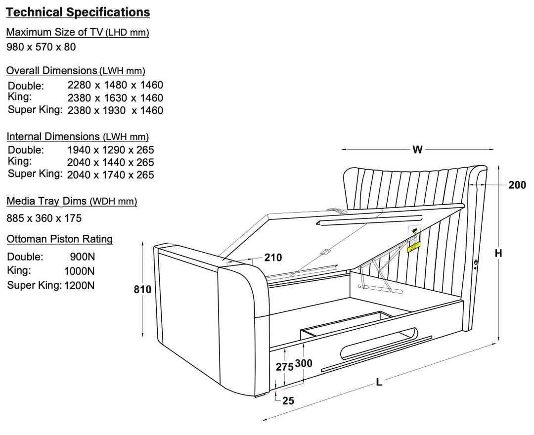 Vogue True Sound 5.1 Dusk Fabric Ottoman TV Bed