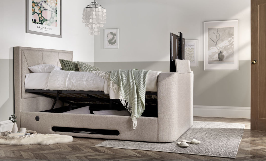 Horizon Ottoman Storage TV Bed with USB Charging in Cobble Stone Fabric