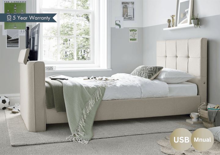 Alpha Single TV Bed In Light Stone - 32" TV Capacity with USB Charging