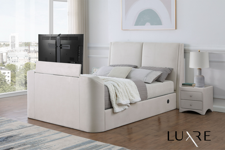 Vega Ottoman TV Bed  in Luxury Cream Faux Suede with USB